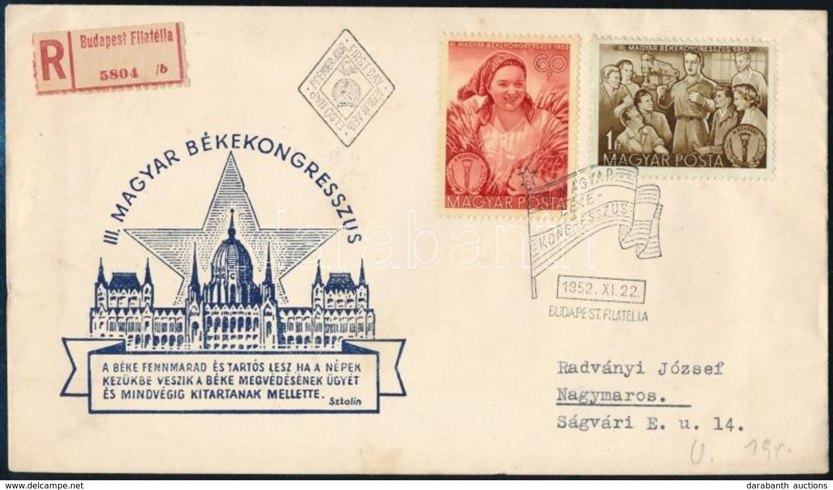 1952 Békekongresszus Sor Ajánlott FDC-n - Autres & Non Classés