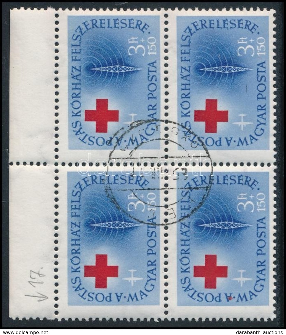 O 1957 Postáskórház 3 Ft ívszéli Négyestömb ,,A Betűn Piros Folt' Tévnyomattal - Autres & Non Classés