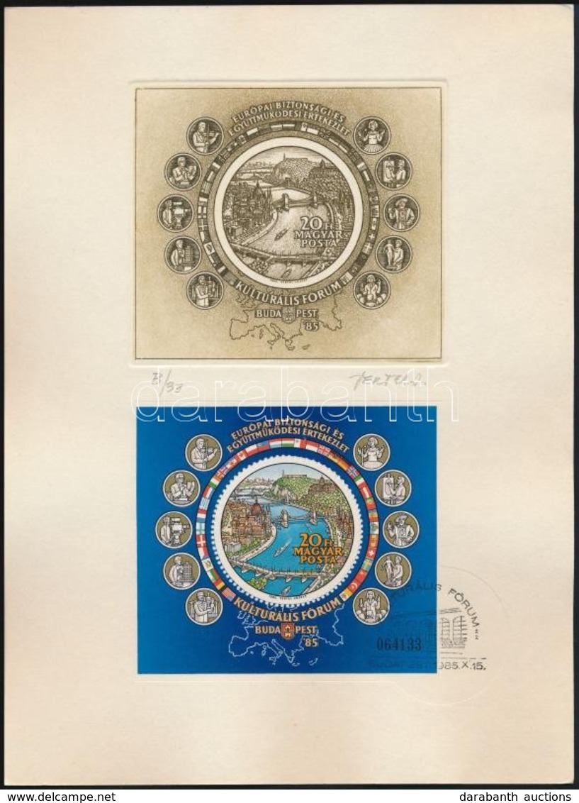 1985 Kulturális Fórum Blokk Esőnapi  Alkalmi Bélyegzővel A Blokk Rézkarc Nyomatán, A Tervező Vertel József Aláírása (3.5 - Autres & Non Classés