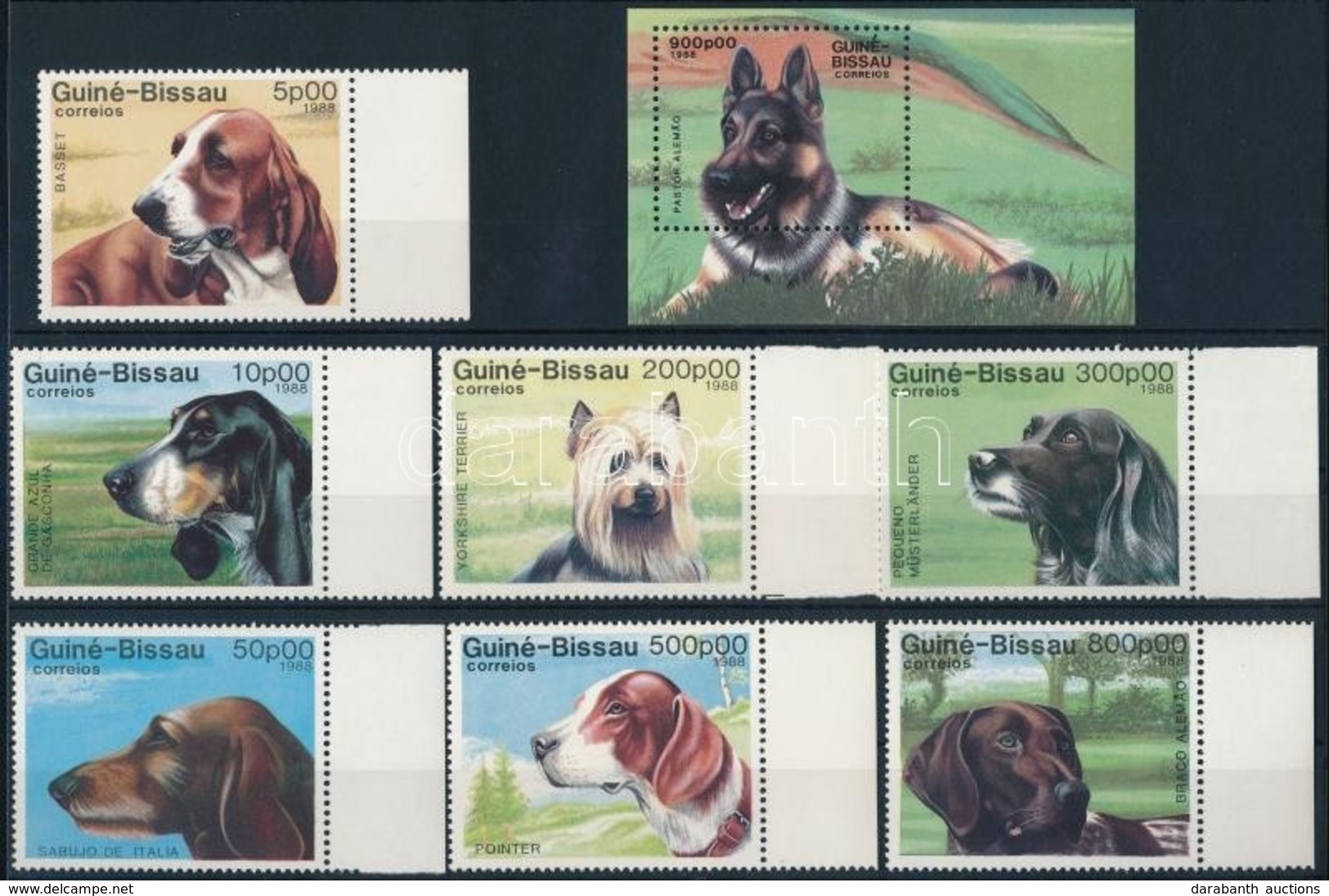 ** 1988 Kutyák ívszéli Sor + Blokk,
Dogs Margin Set + Block
Mi 959-965 + 273 - Autres & Non Classés