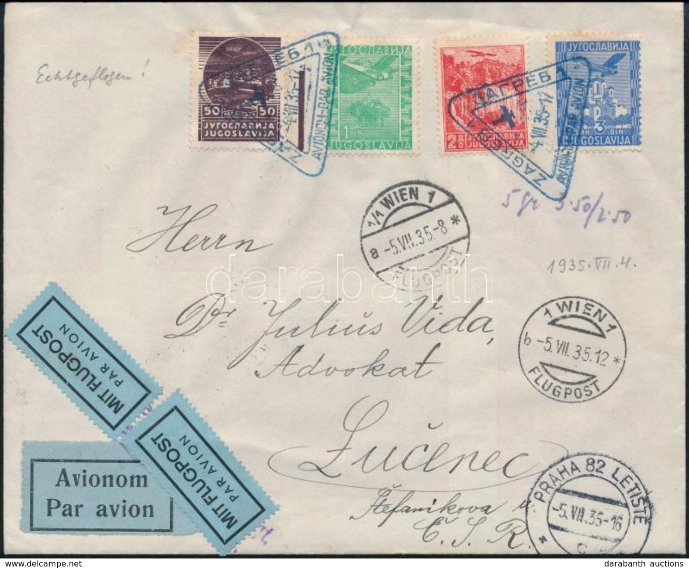 1935 Légi Levél Zágrábból Losoncra,
Airmail Cover From Zagreb To Losonc - Autres & Non Classés