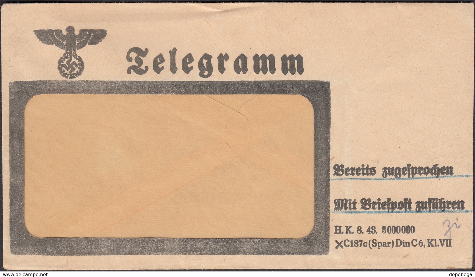 Germany 1943 - NS Telegram-Form Envelope, Jnliegend Telegramm (XC 187 C Din C6,Kl. VII) Unused. - Briefe U. Dokumente