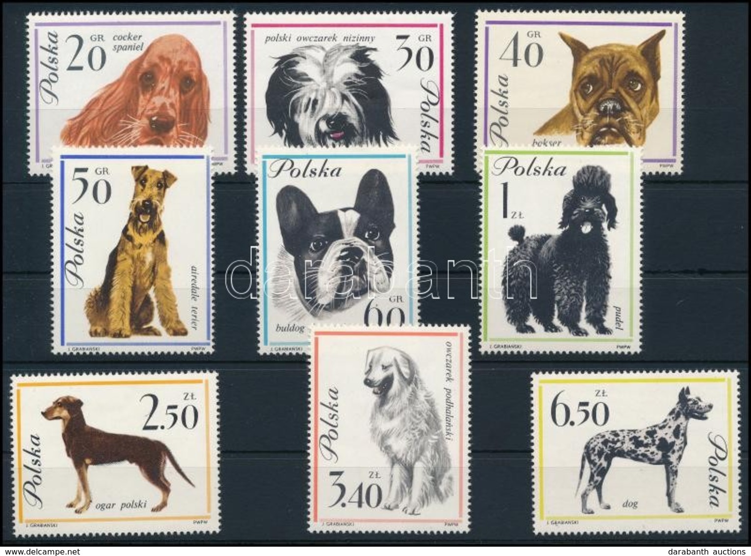 ** 1963 Kutyák Sor (Mi 1381 Rozsda),
Dog Set (Mi 1381 Stained)
Mi 1374-1382 - Autres & Non Classés