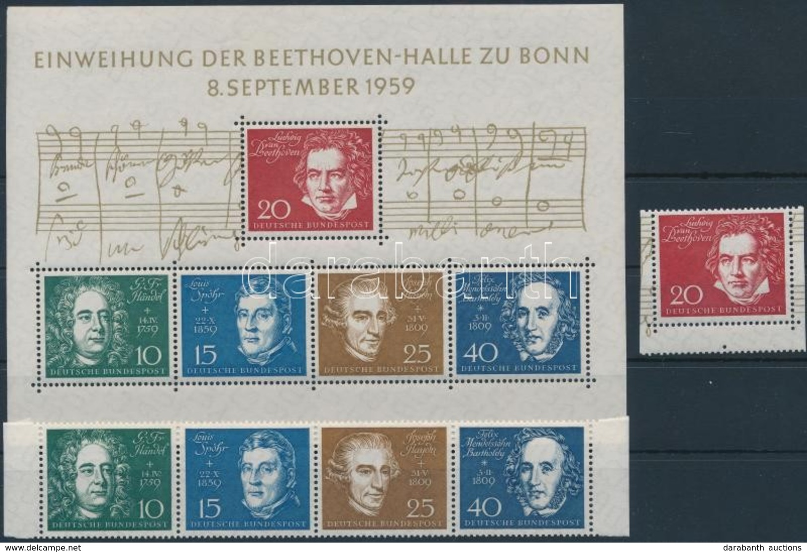 ** 1959 A Bonni Beethoven-csarnok Blokkból Kitépett Sor + Blokk,
The Beethoven Hall In Bonn Set From Block + Block
Mi 31 - Autres & Non Classés