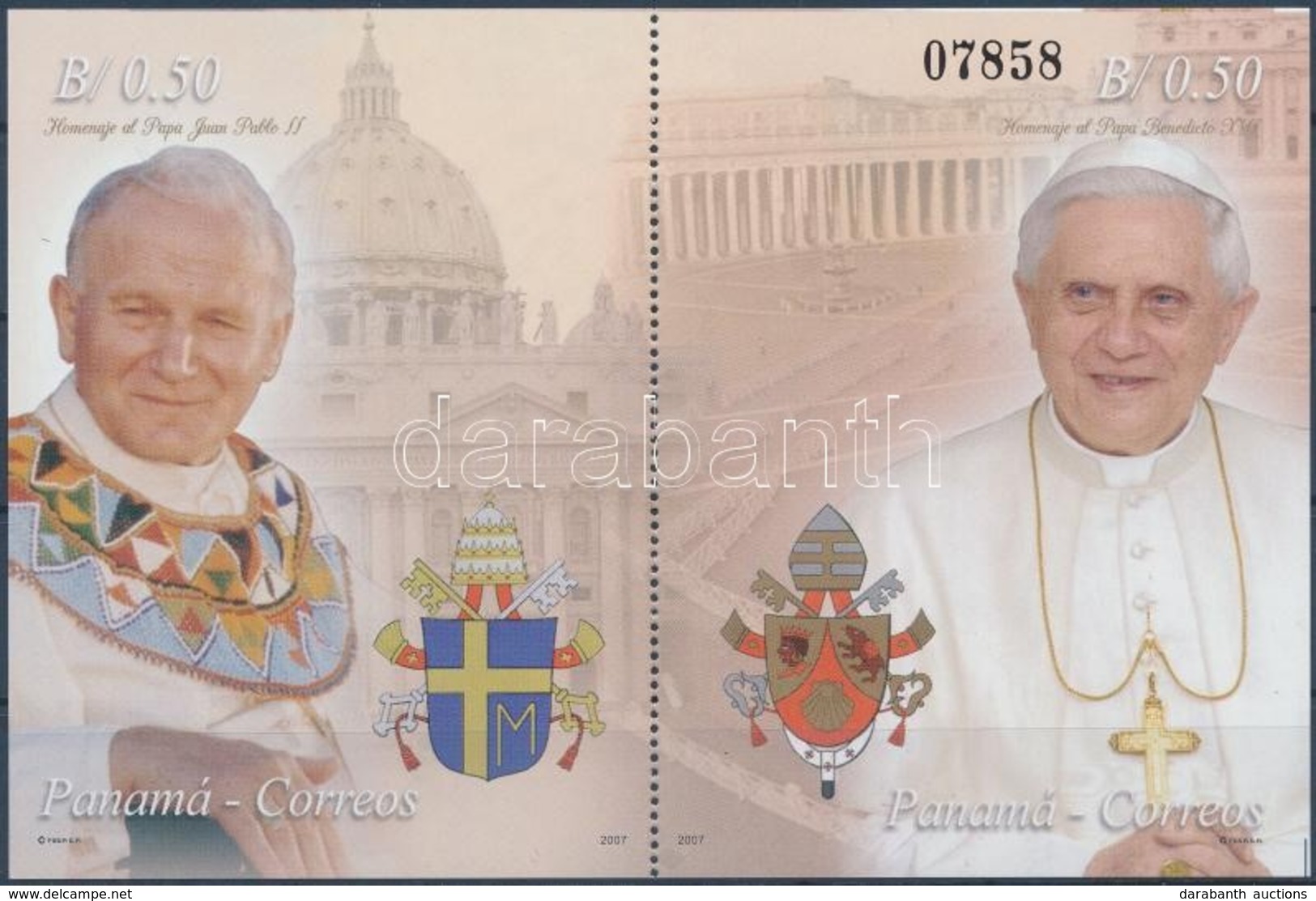 ** 2007 II. János Pál Pápa és XVI. Benedek Pápa Blokk,
Pope John Paul II + Pope Benedict XVI Block
Mi 139 - Autres & Non Classés