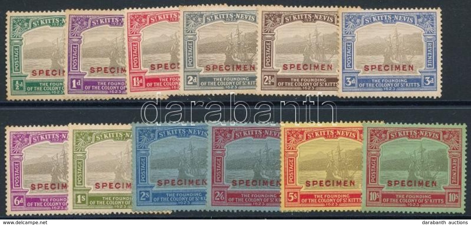 ** St. Kitts-Nevis 1923 Forgalmi SPECIMEN Sor Záróérték Nélkül Mi 52-63 (Mi EUR ~465,-) (záróérték Hiányzik, Elszíneződö - Altri & Non Classificati