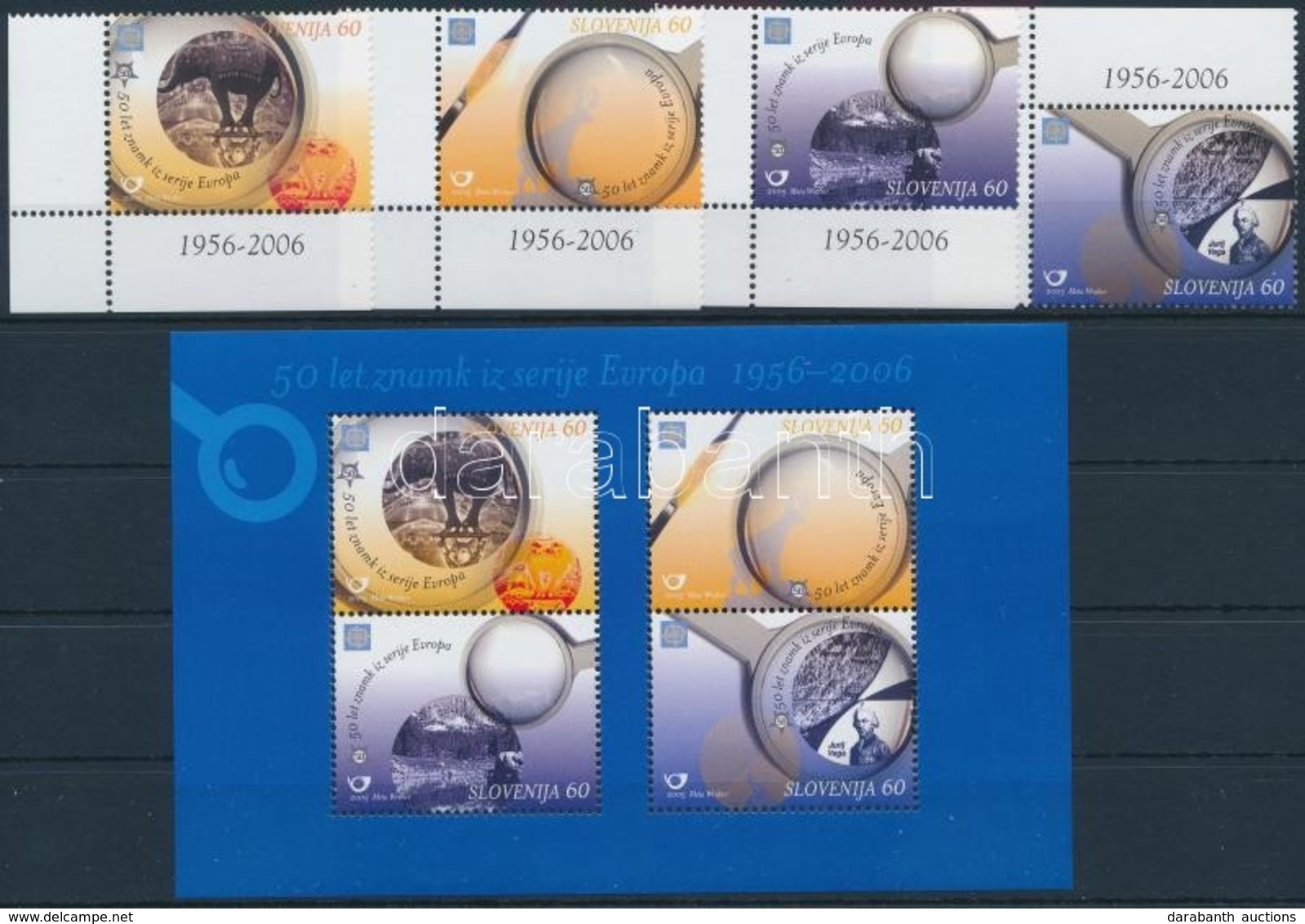 ** 2005 50 éves Az Europa CEPT ívszéli Sor + Blokk,
50th Anniversary Of Europe CEPT Corner Set + Block
Mi 543-546 + Mi 2 - Autres & Non Classés