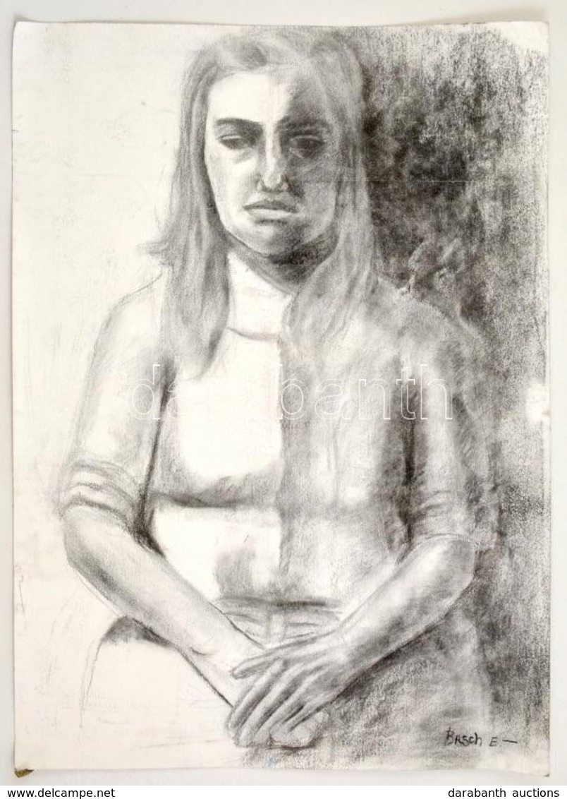 Basch Jelzéssel: Lány Portré. Szén, Papír, 70×50 Cm - Autres & Non Classés