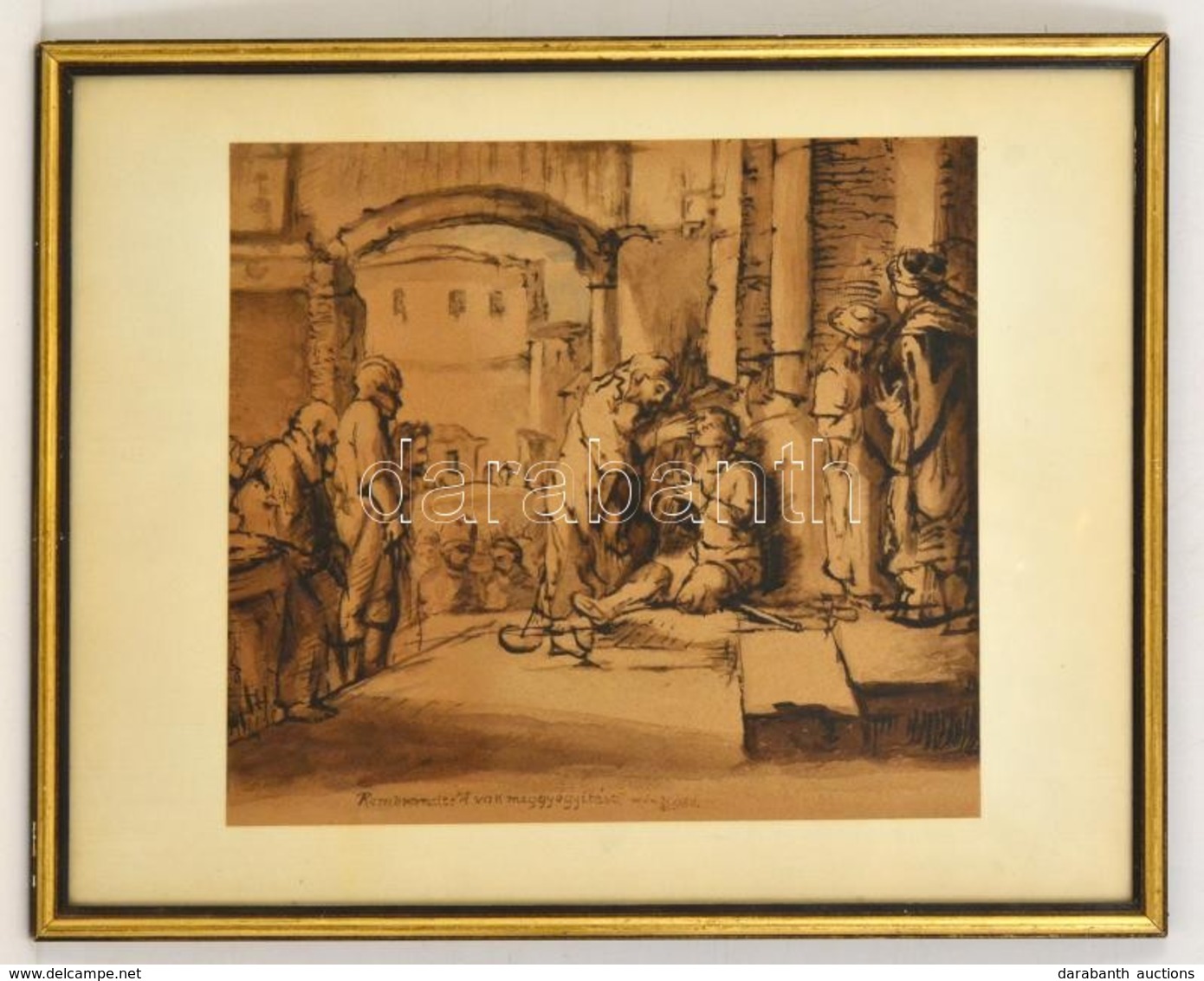 D.L. Jelzéssel: Rembrandt Után: A Vak Meggyógyítása. Akvarell, Papír, üvegezett Keretben, 28×31 Cm - Autres & Non Classés
