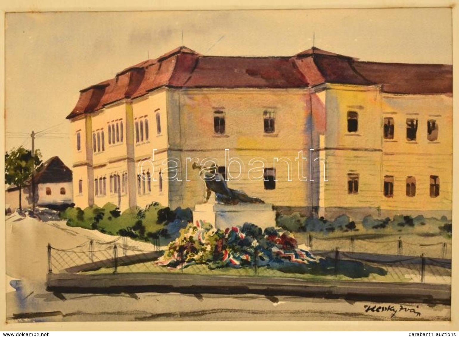 Hessky Iván (1890-1950): Tata I. Világháborús Emlékmű. Akvarell, Papír, Jelzett, Paszpartuban, 27×38 Cm - Autres & Non Classés