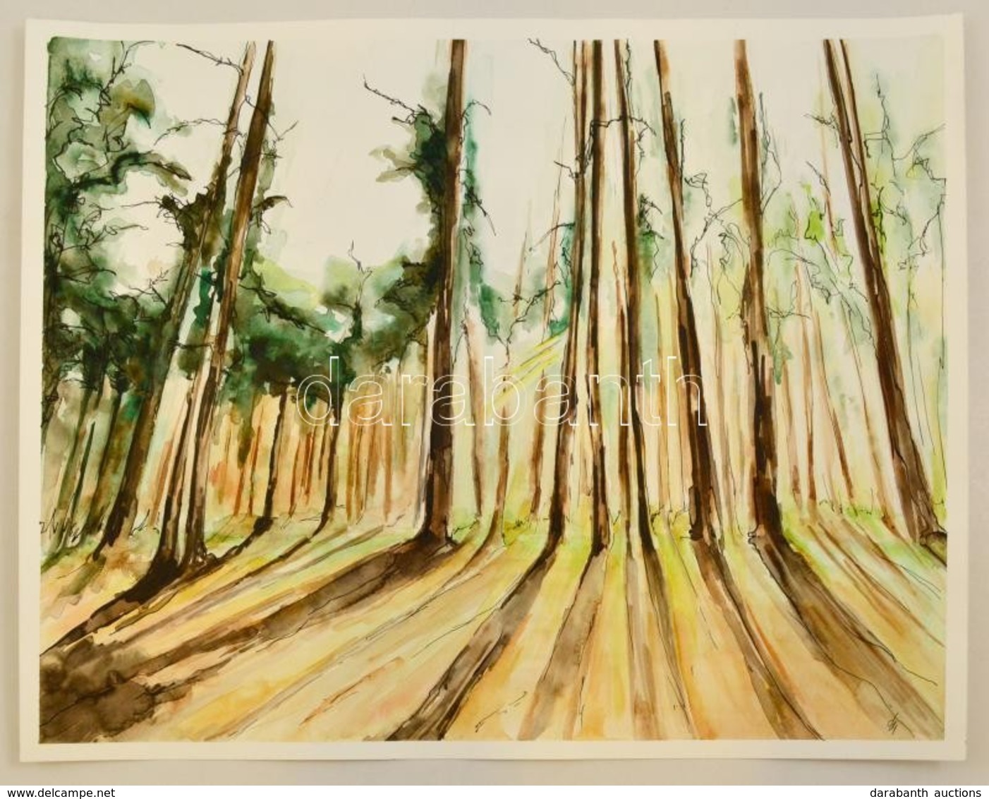 Kun Sarolta (1990- ): Elmosódó Fák. Akvarell-tus, Papír, Jelzett, 40×50 Cm - Autres & Non Classés