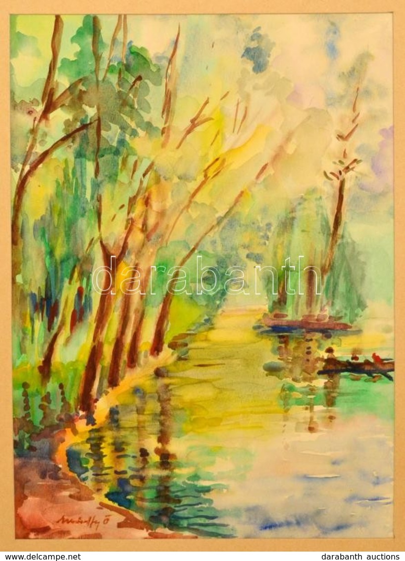 Márffy Jelzéssel: Vízparti Fák.Akvarell, Papír-karon, 43×31 Cm - Autres & Non Classés