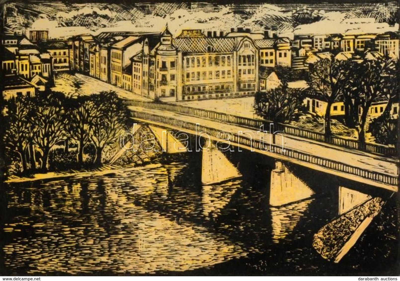 Mészáros Lajos (1925-1971): Zagyva Híd. Linó, Papír, Jelzett, üvegezett Keretben, 27×39 Cm - Autres & Non Classés