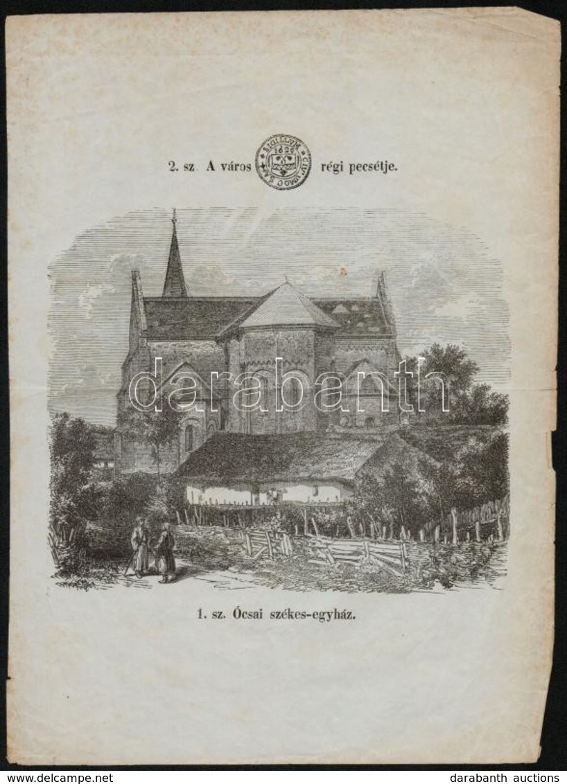 Cca 1860 Az ócsai Székesegyház és A Város Pecsétjének Fanyomatú Képe 22x30 Cm - Estampas & Grabados