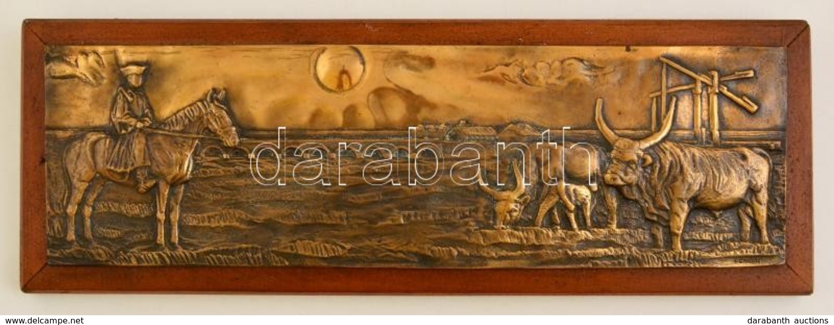 Renner Kálmán (1927-1994): Hortobágy, Bronz Fali Plakett Fa Talapzaton, Jelzett, 13×41,5 Cm - Autres & Non Classés