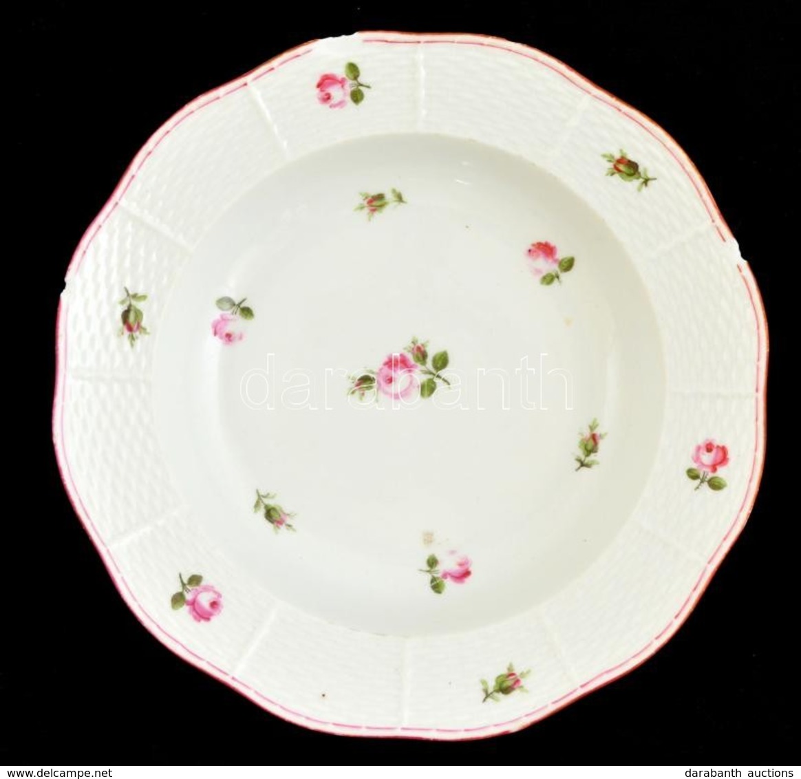 Herendi Virág Mintás Porcelán Mélytányér, Kézzel Festett, Jelzett, Lepattanásokkal, D: 22 Cm - Altri & Non Classificati