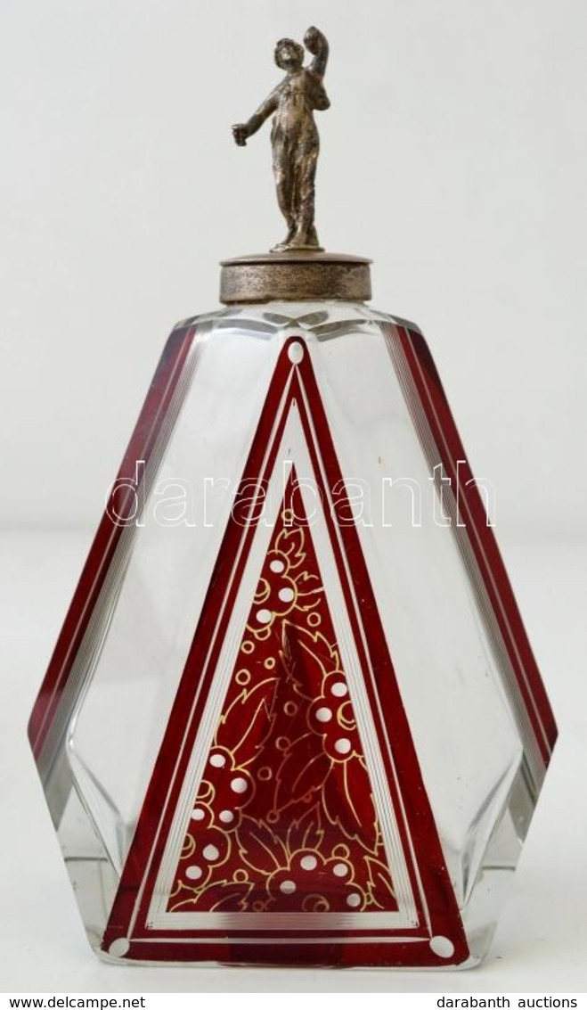 Likörős üveg, Figurális Fém Tetővel, Metszett, Több Rétegű, Apró Csorbákkal, M: 22 Cm - Verre & Cristal