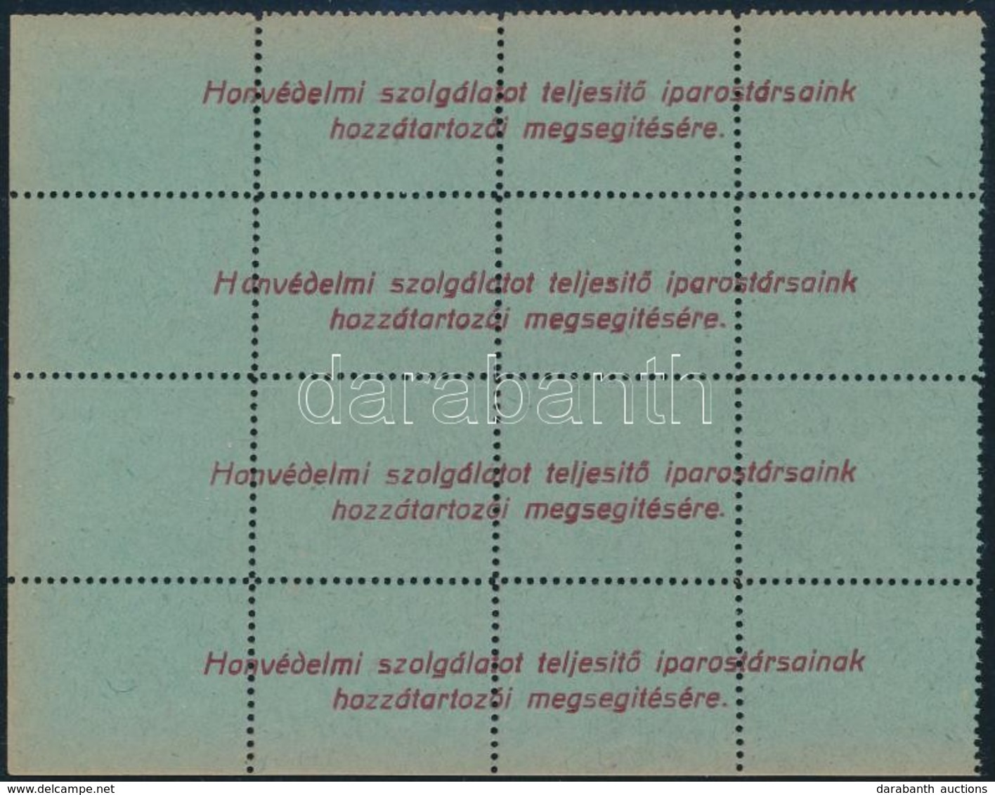 Cca 1940 Honvédelmi Szolgálatot Teljesítő Iparostársaink Hozzátartozói Megsegítésére Segélybélyeg 16-os Kisív - Non Classificati