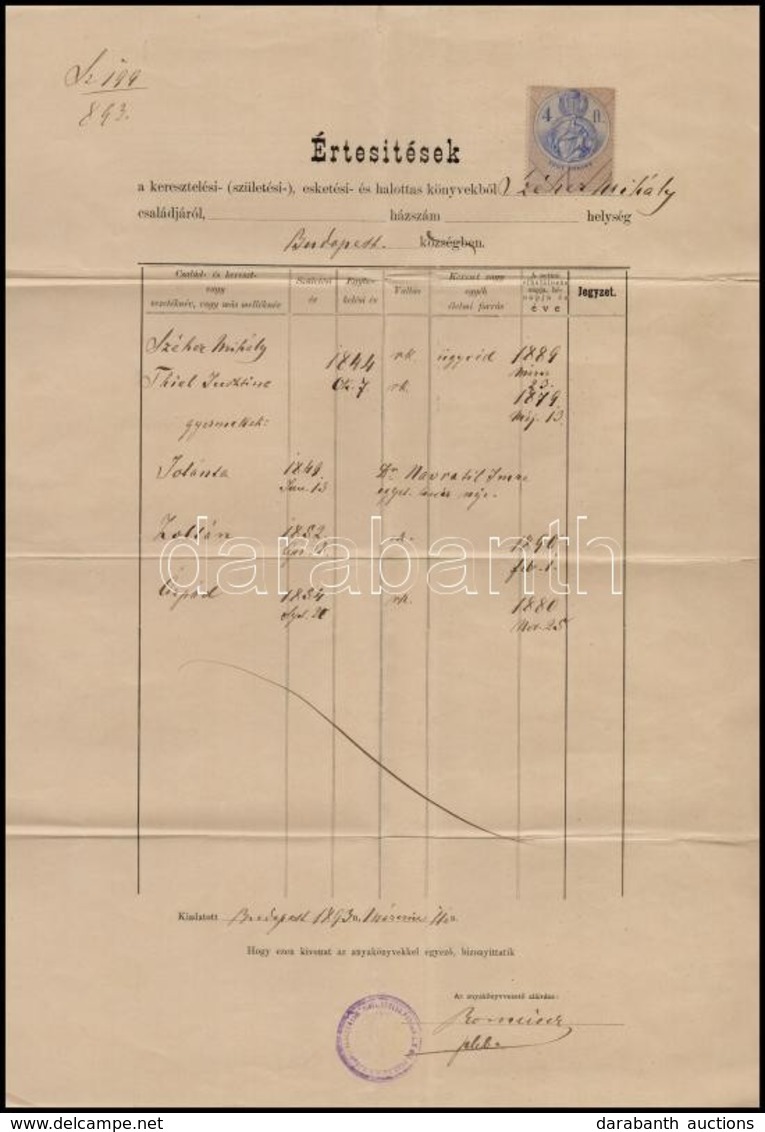 1893 4 Ft. Okmánybélyeg, Családi Keresztelési- (születési), Esketési és Halottas Okmányokból Készített Okiraton. - Non Classés