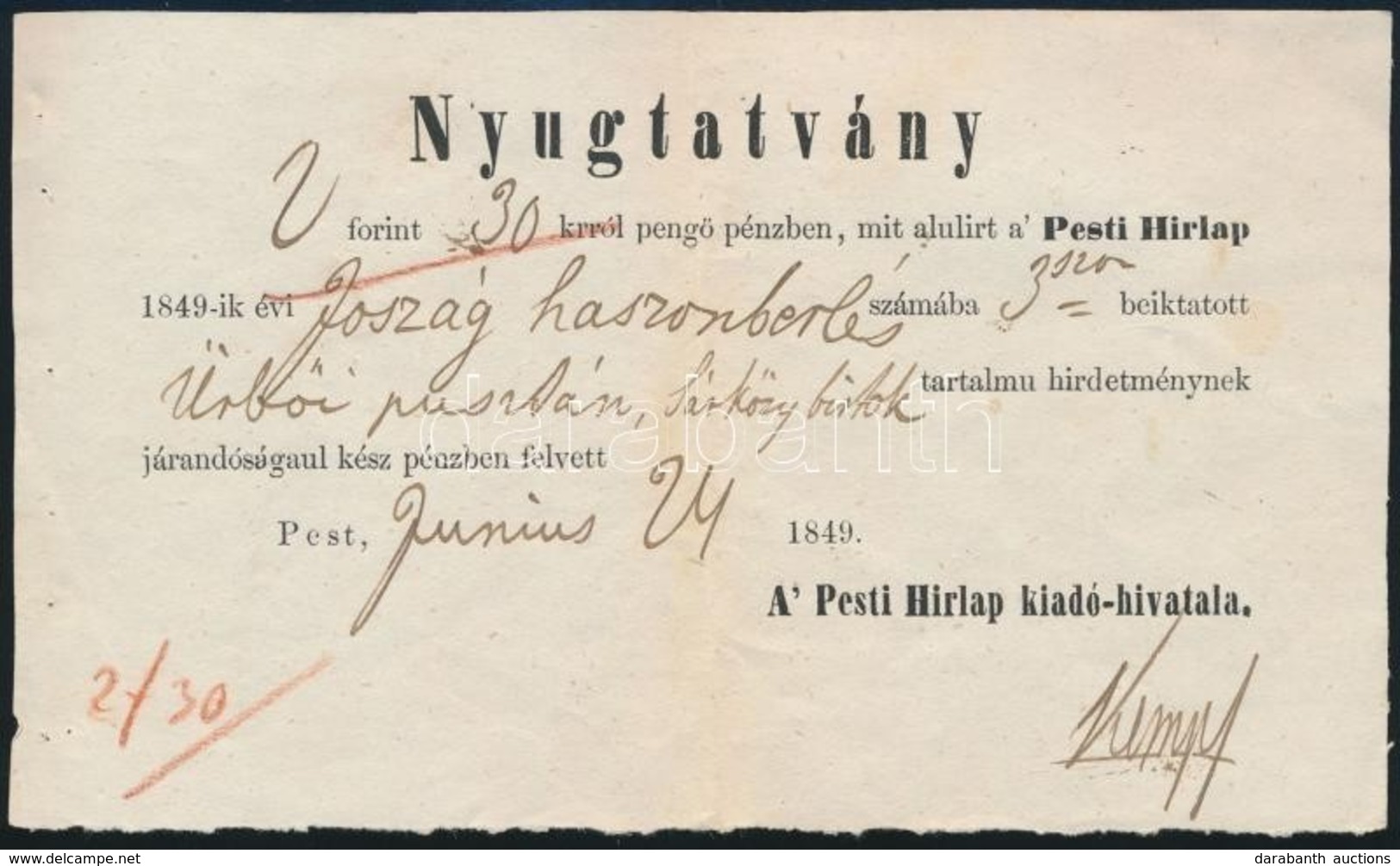 1849 A Pesti Hírlap Hirdetési Nyugtája - Non Classés