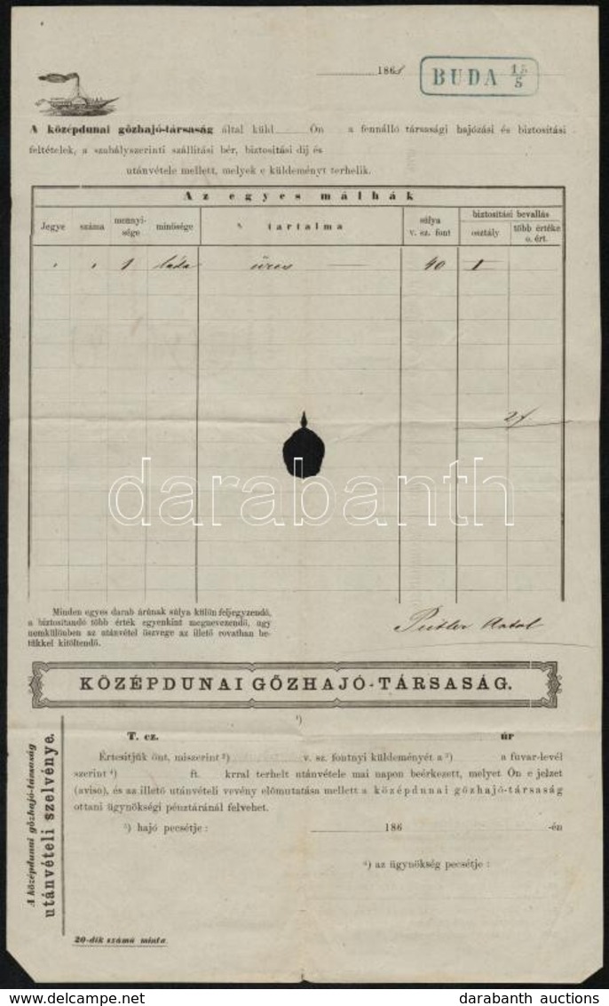 1868 A Középdunai Gőzhajózási Társaság Honvéd Hajó Fuvarlevele  / Bill Of Fright Of Middle-Danube Steamship Company Ship - Sin Clasificación