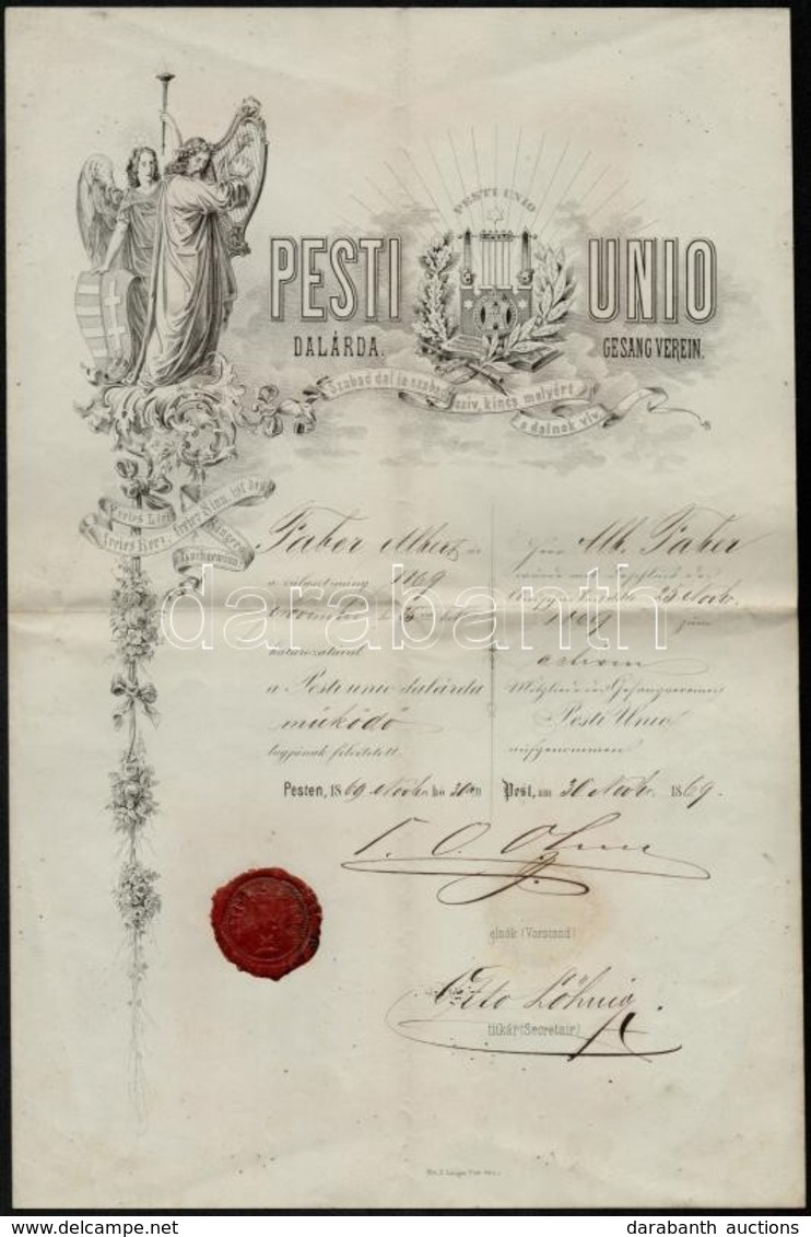 1869 Pest, Pesti Unió Dalárda Kétnyelvű Oklevele Működő Taggá Választársól - Non Classés