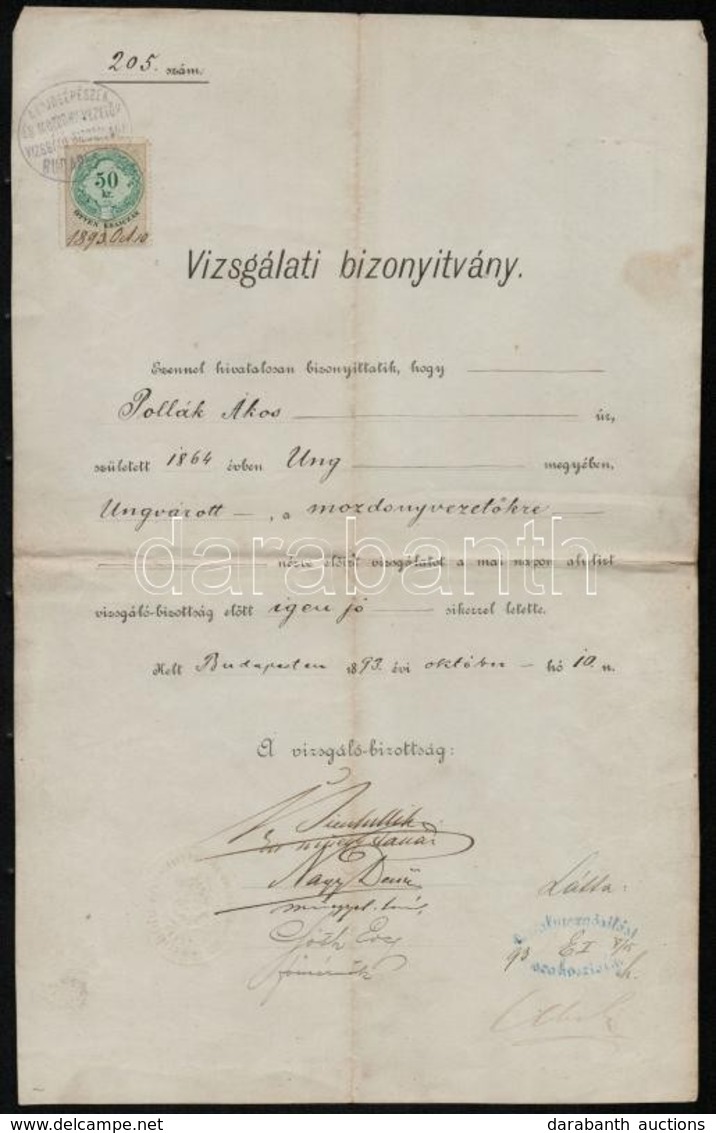1893 Ungvár, Mozdonyvezető Vizsga Bizonyítvány. - Sin Clasificación
