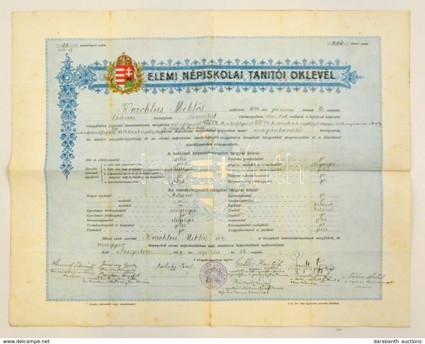 1917 Szeged, Népiskolai Tanítói Oklevél, 39x48,5 Cm - Non Classificati