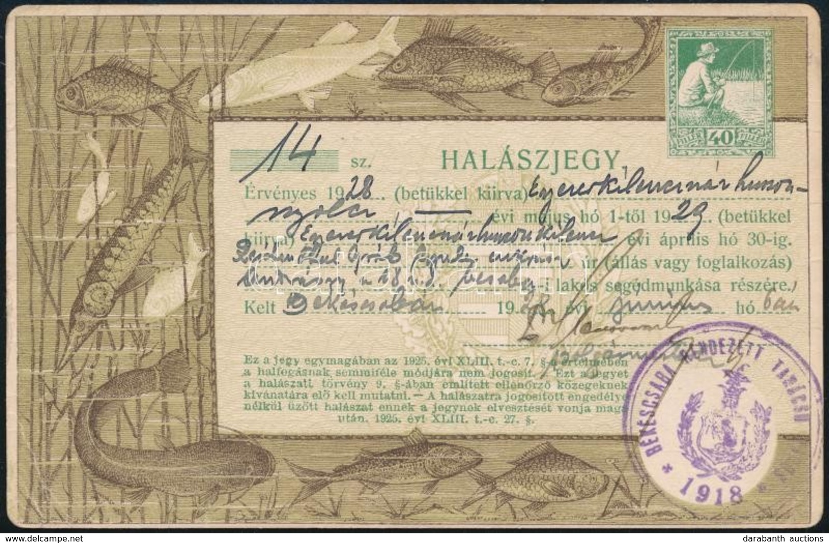 1928 Halászjegy Hódmezővásárhelyről 40f Benyomott Illetékbélyeggel, Pecséttel / Fishing Ticket - Non Classés