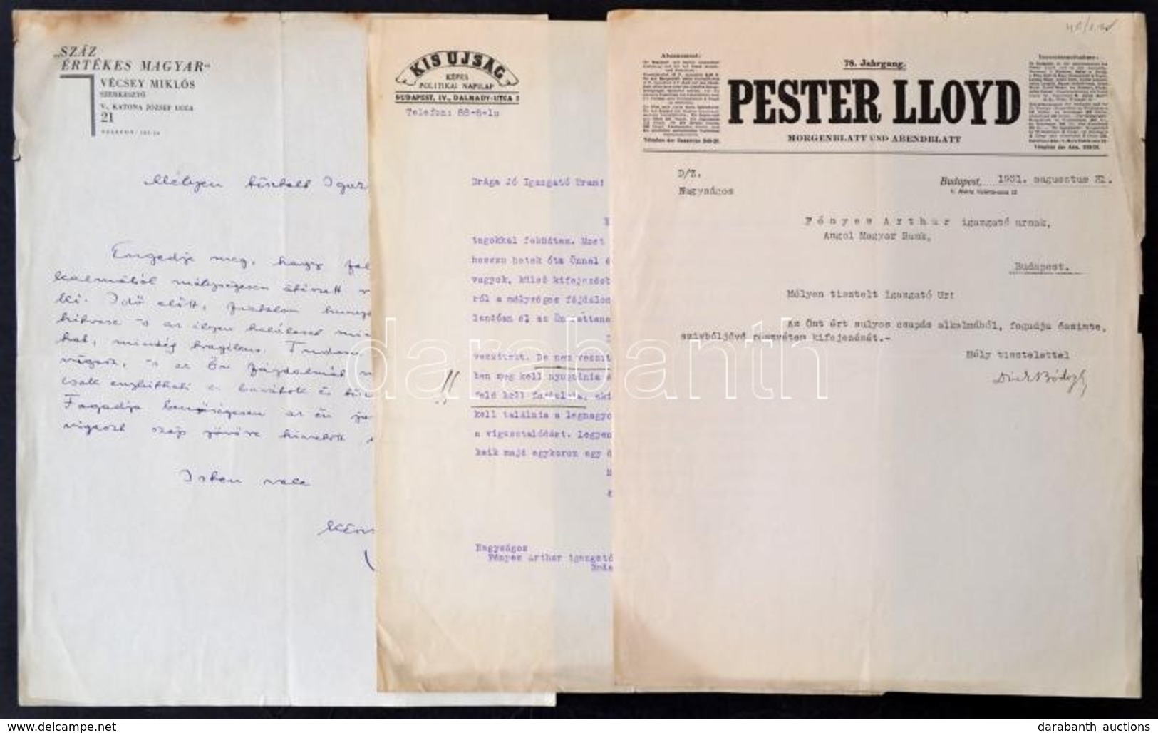1931 Pester Lloyd, Kis Újság, Száz Értékes Magyar Fejléces Levélpapírok, 3 Db - Non Classés