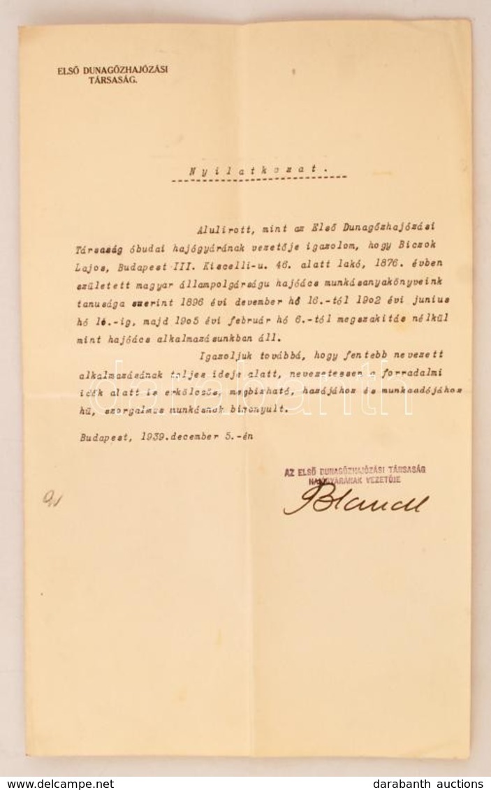 1939 DDSG Első Dunagőzhajózási Társaság Nyilatkozata Arról, Hogy Dolgozója Alkalmazásában állt és A Forradalom Idején Is - Non Classés