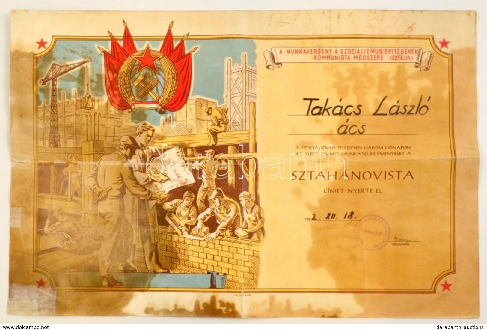 1952 Sztahanovista Oklevél ács Részére, Javított, Foltos, 29,5x45,5 Cm - Non Classés