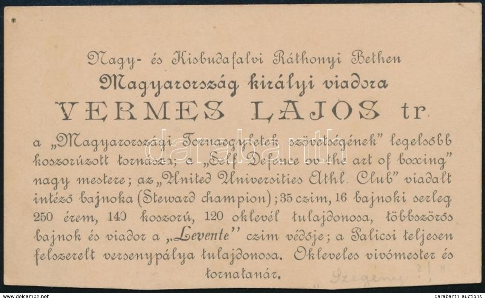 1895 Vermes Lajos (1860-1945): Neves Sportoló, Sportszervező, Vívómester és Tornatanár Névjegykártyája, A Hátoldalán Saj - Non Classés