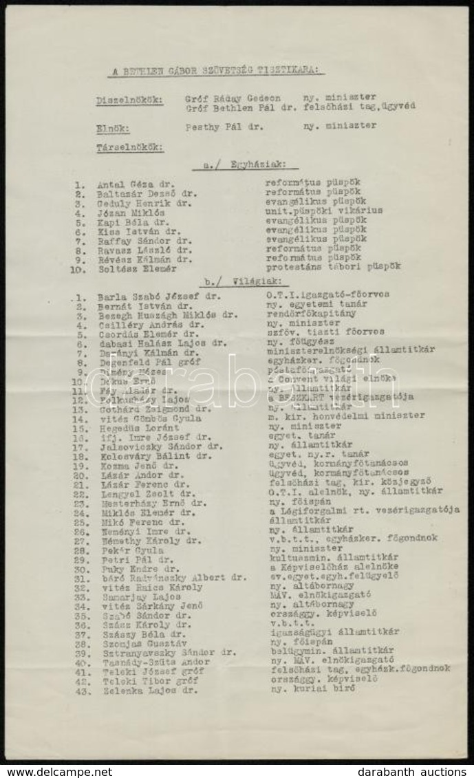 1931 Bethlen Gábor Szövetség Tisztikara, és Választmányi Tagjainak Névsora, Számos Ismert Közéleti Személyiséggel, Minis - Non Classés