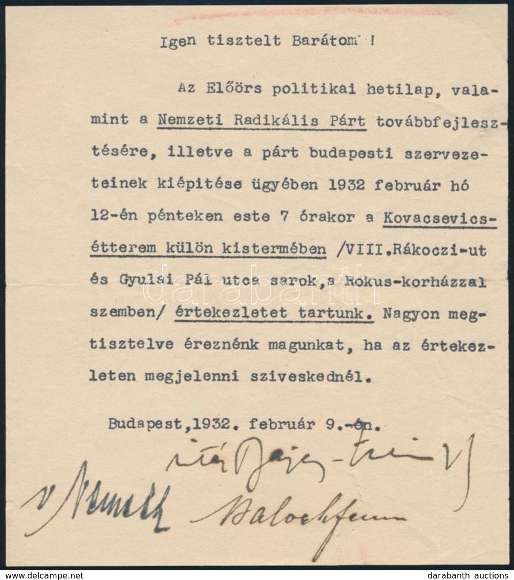 1932 Meghívó A Nemzeti Radikális Párt Gyűlésére Vitéz Bajcsy Zsilinszky Endre Saját Kezű Aláírásával - Non Classés