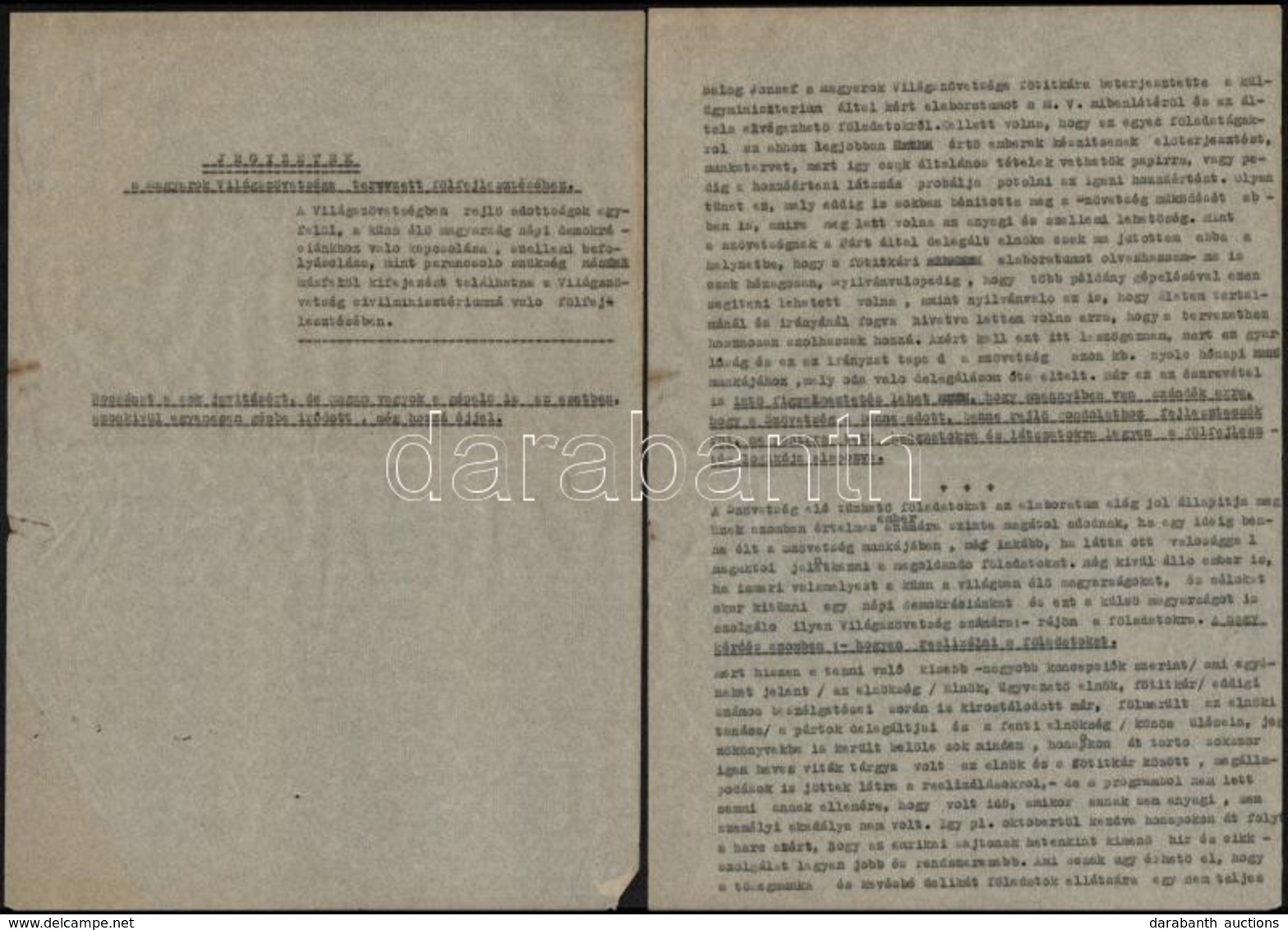 1949 Jegyzetek A Magyarok Világszövetsége Tervezett Fölfejlesztéséhez Barta Lajos Elnök Gépirata. 9 P - Non Classés