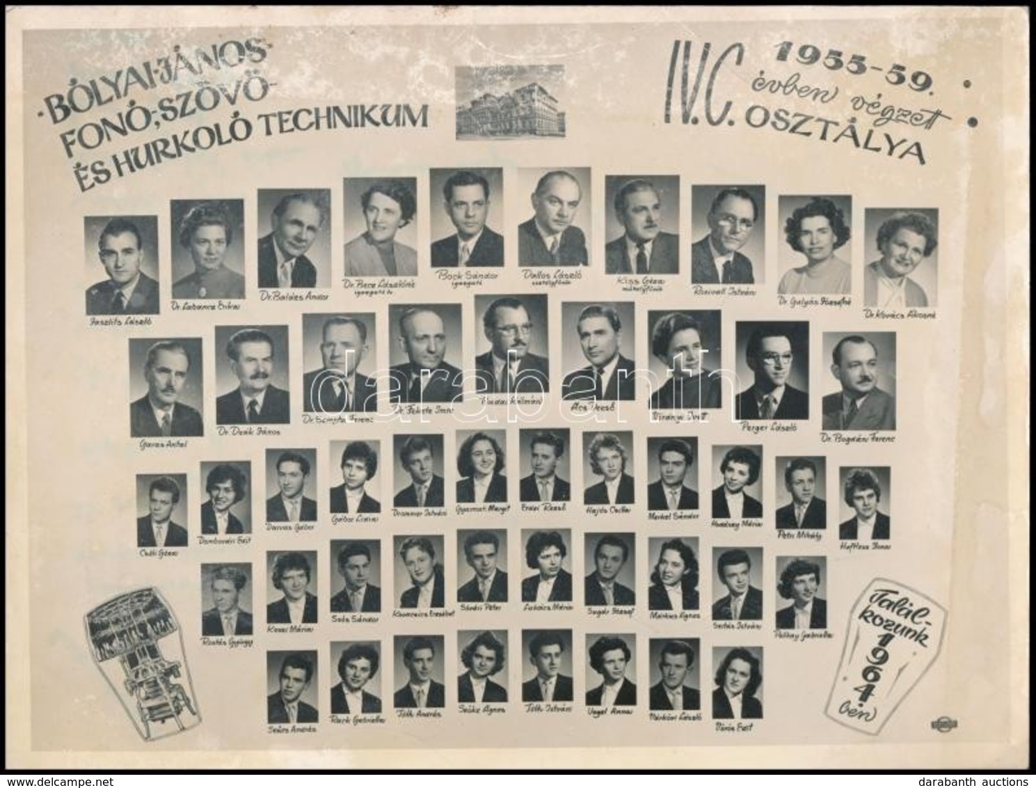 1959 Budapest, Bolyai János Fonó-, Szövő- és Hurkoló Technikum Tanárai és Végzett Növendékei, Kistabló Nevesített Portré - Autres & Non Classés