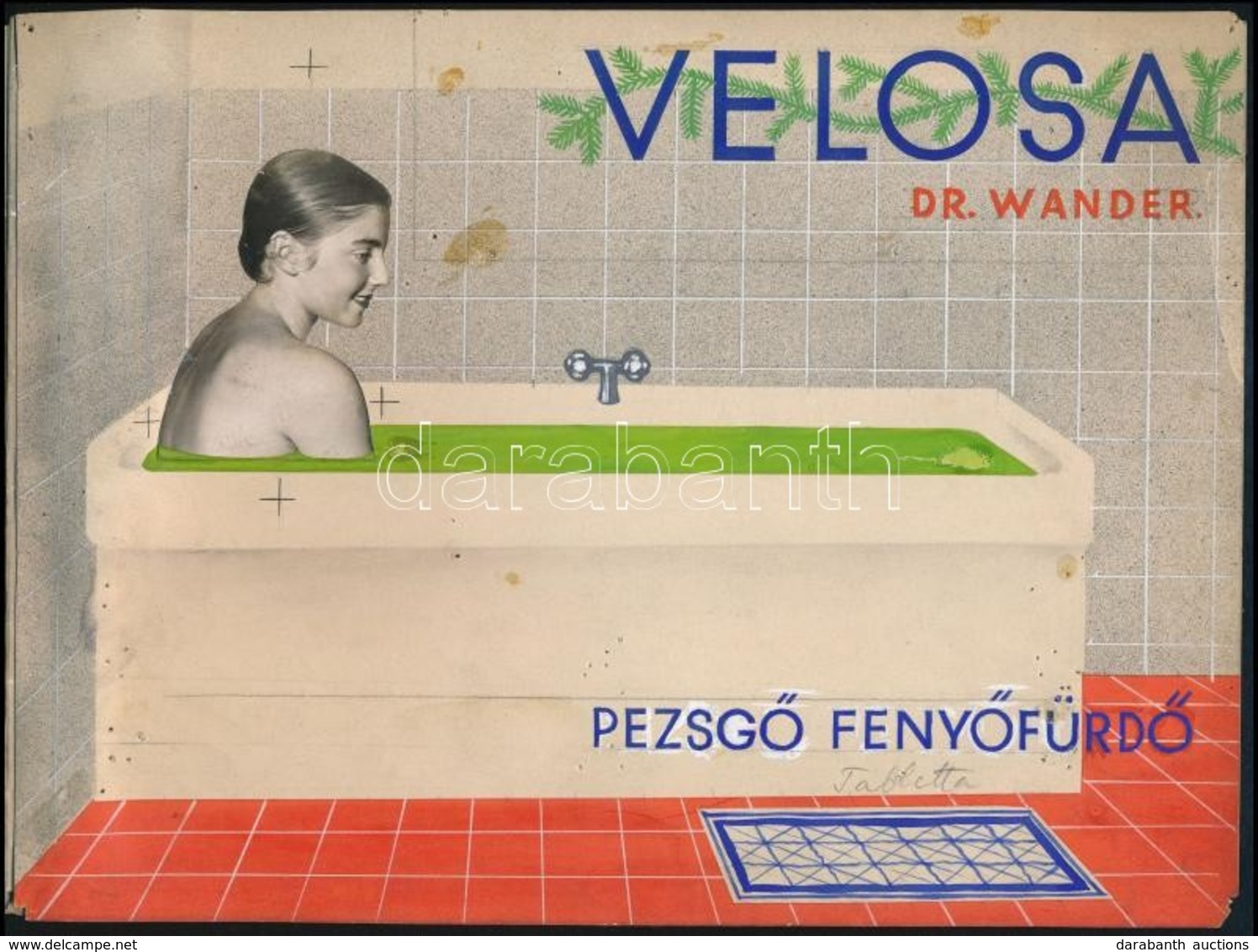 Cca 1930 Dr. Wander Velosa Pezsgő Fenyőfürdő, Reklámterv, 20×26,5 Cm - Pubblicitari