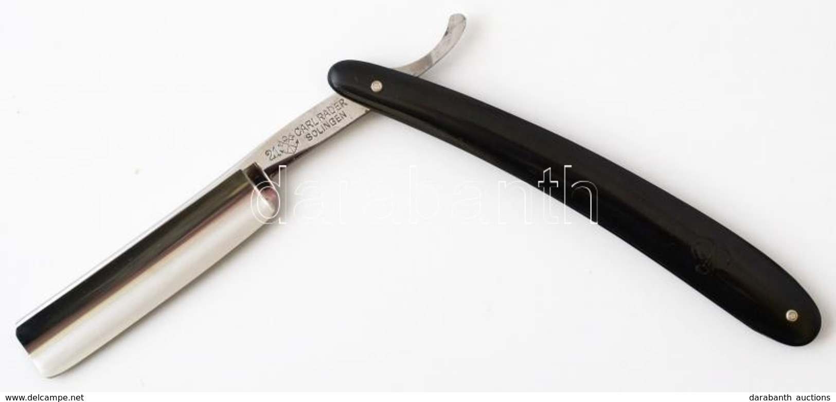 Carl Rader Solingen 21-es Borotva Fekete Cell. Nyéllel, Friseurmesser Tokban H: 24 Cm - Autres & Non Classés