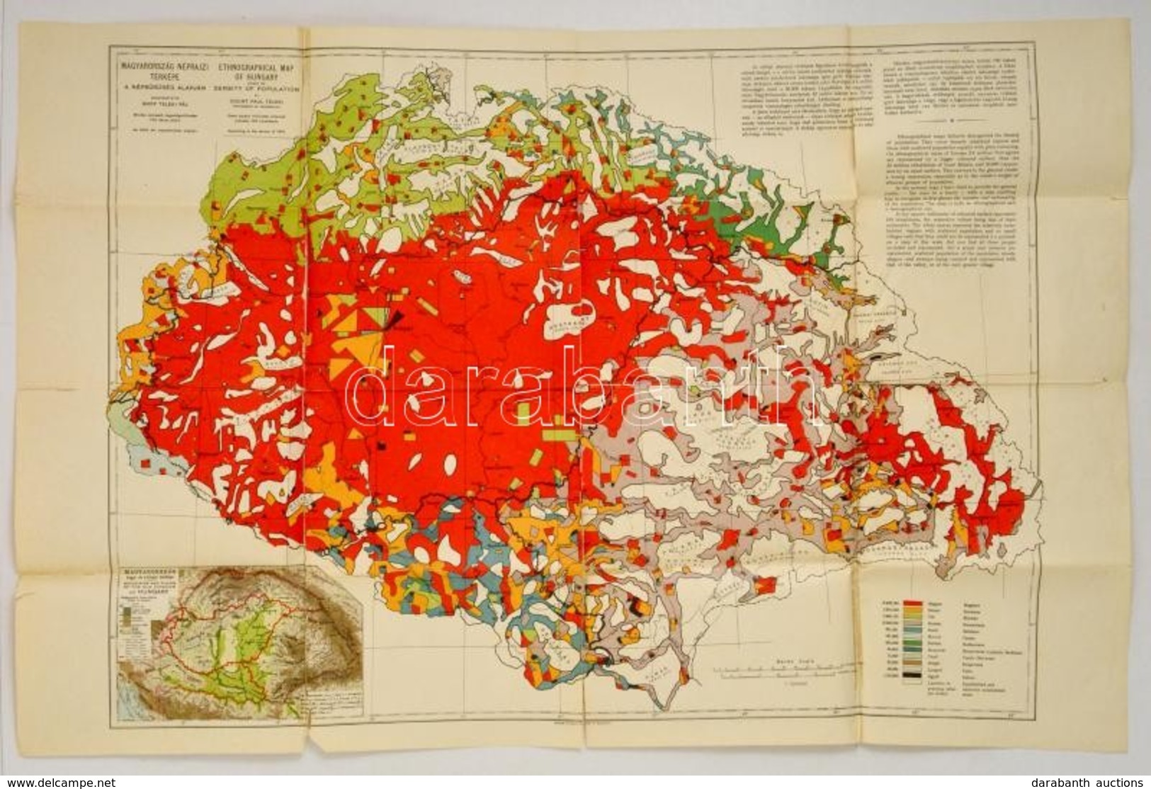 1919 Magyarország Néprajzi Térképe Az 1910. évi Népszámlálás Alapján, Gróf Teleki Pál., Nagyméretű Térkép. Magyarázatokk - Autres & Non Classés