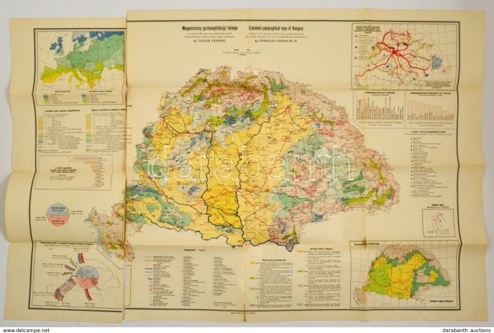 Cca 1930 Magyarország Gazdaságföldrajzi Térképe Cholnoky és Teleki Adatai Alapján Készítette Fodor Ferenc 80x60 Cm (két  - Autres & Non Classés