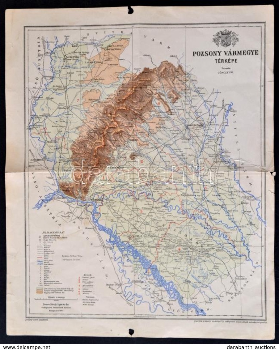 1897 Pozsony Vármegye Térképe, Tervezte: Gönczy Pál, Kiadja: Posner Károly és Fia, Hajtott, Szakadással, 29×23 Cm - Autres & Non Classés