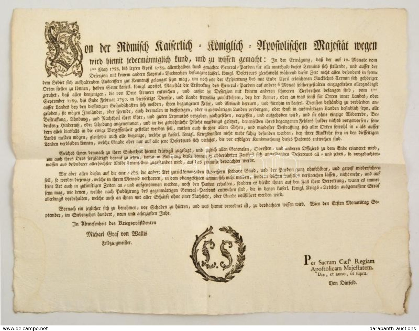 1798 Amnesztia Katonaszökevényeknek. Rendelet. 48x40 Cm - Non Classificati