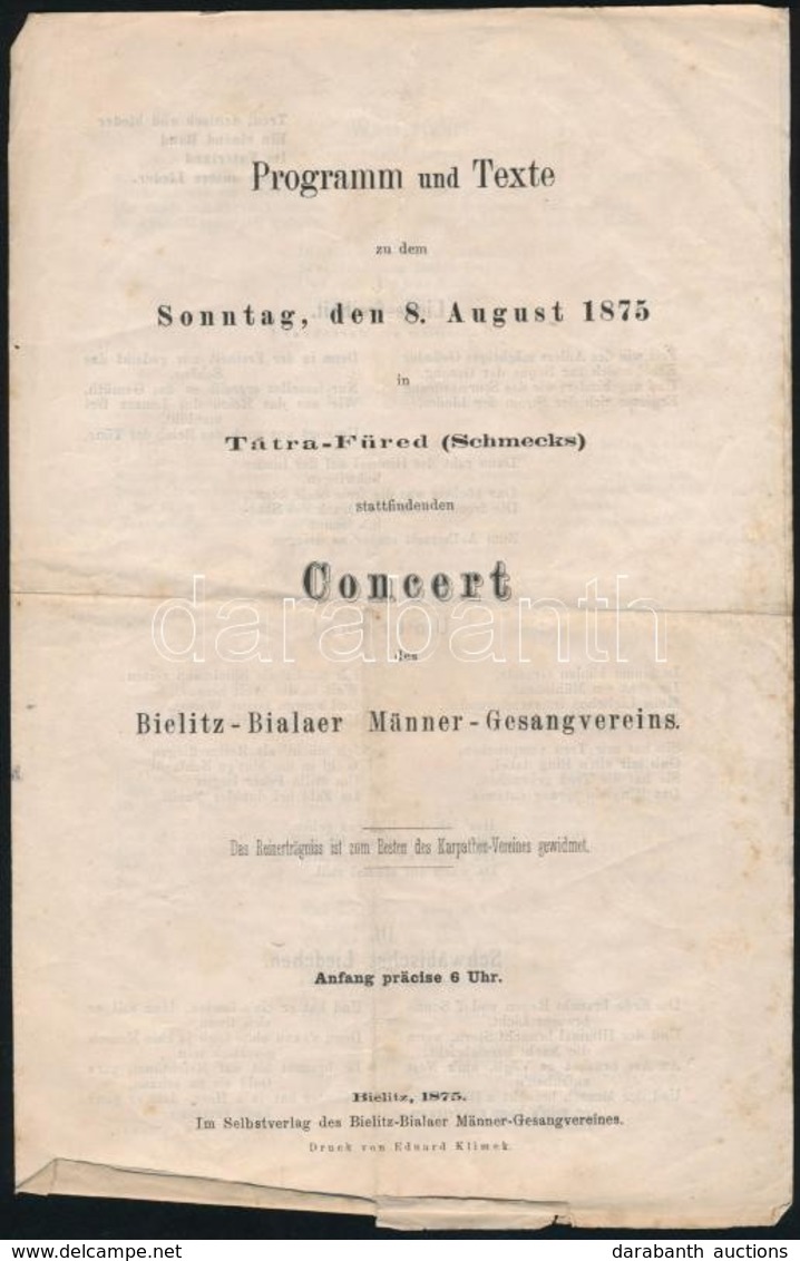 1875 Tátrafüred, Koncert Német Nyelvű Programfüzete - Non Classés