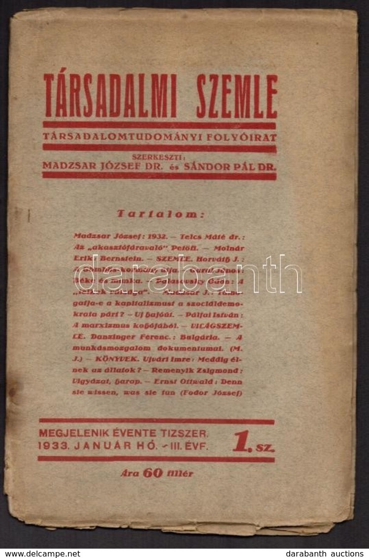 1933 Társadalmi Szemle. Társadalomtudományi Folyóirat. Szerk.: Dr. Madzsar József, Dr. Sándor Pál, III. évf. 1. Szám, 19 - Non Classés