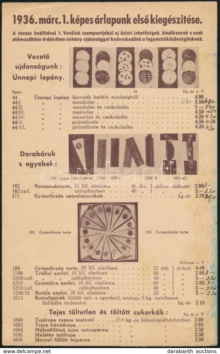 1936 Dreher Kőbányai Serfőzde és Csokoládégyár Csokoládé árlap - Non Classés