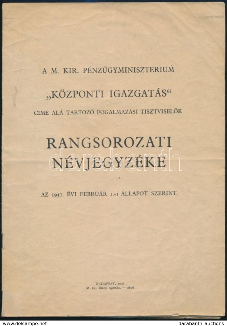 1937 M. Kir. Pénzügyminisztérium Központi Igazgatás Címe Alá Tartozó Fogalmazási Tisztviselők Rangsorozati Névjegyzéke,  - Non Classés