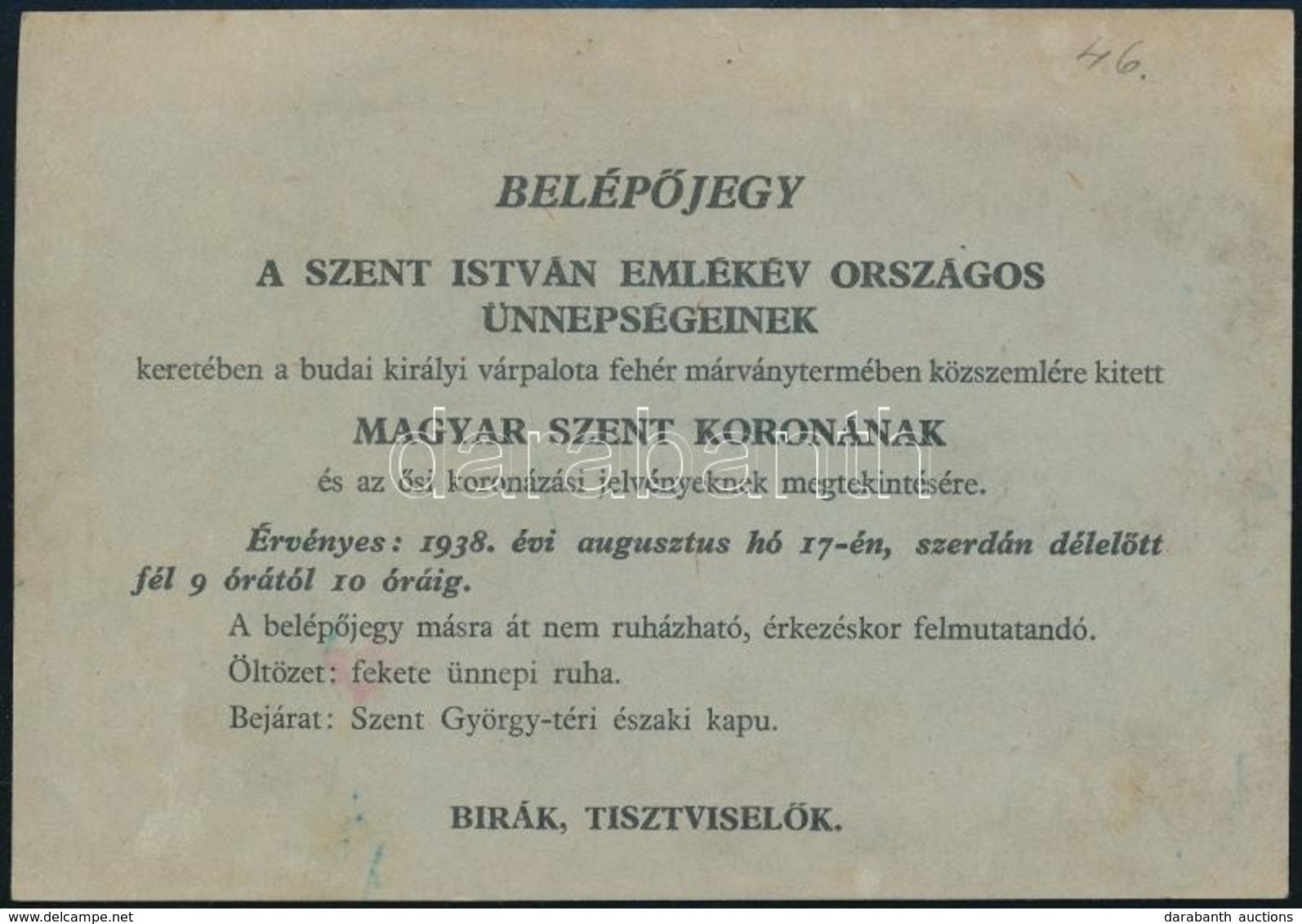1938 Szent István Emlékünnep Belépő - Non Classés
