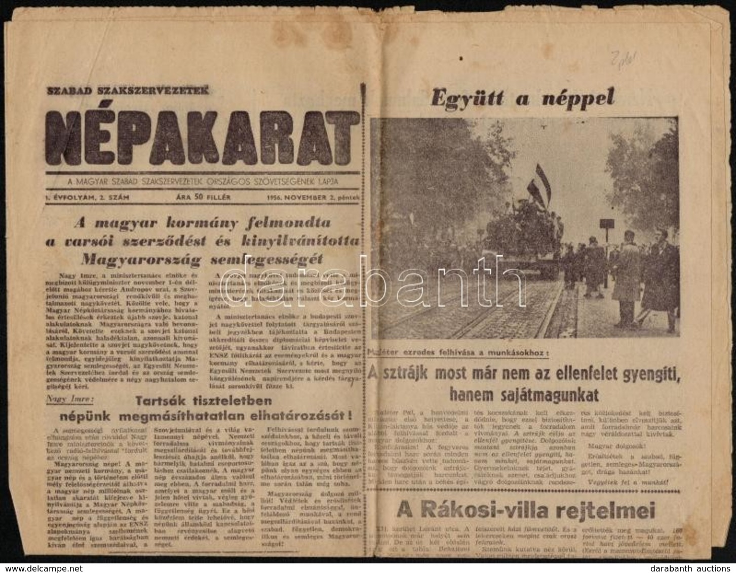 1956 Népakarat. I. évf. 2. Sz., 1956. Nov. 2., Szakadással - Non Classés