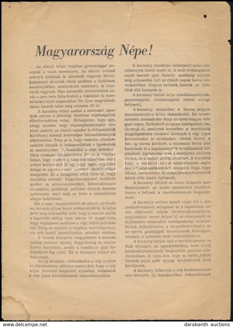 1956 Magyarország Népe! Magyar Dolgozók Pártjának Központi Vezetőségének Röplapja, Benne Az 1956. Okt. 28.-án Megválaszt - Non Classés